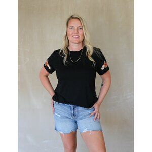 Floral Embroidered Round Neck T Shirt